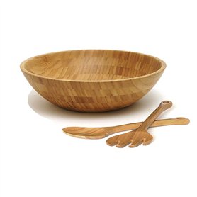 Saladier rond en bambou avec 2 ustensiles de service et cuillère en bois