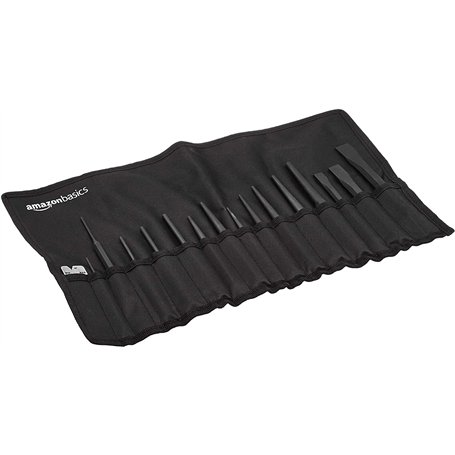 Amazon Basics Lot de 16 poinçons et ciseaux en acier au chrome-vanadium avec étui de rangement
