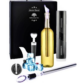 Tire-bouchon électrique + Refroidisseur de bouteille de vin en acier inoxydable + Kit de vin original et accessoires + Aérateur