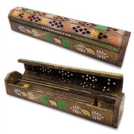 Brûleur d'encens (encensoir) Boîte en bois décorée à la main en Inde - Design exclusif de couleurs et d'éléphants 30