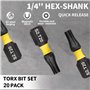20 Pièces forets T20, Kit de tête de tournevis 25mm longue tête de tournevis, Torx foret T20 1/4 "tige hexagonale avec boîte de 