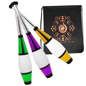 Juggle Dream Euro Clubs Lot de 3 clubs de jonglage pour débutant à intermédiaire avec sac de jonglage Cascade Vert Violet Doré