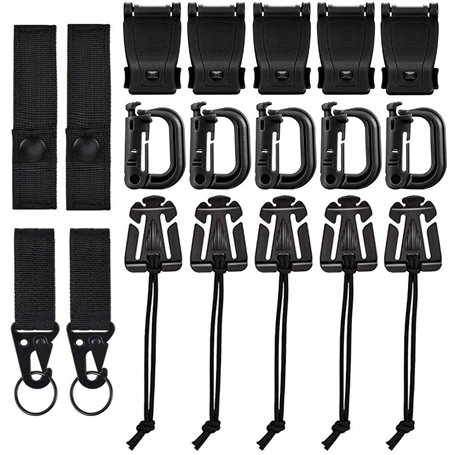 XAVSWRDE 19 PCS Attachements Molle en Plastique et Nylon Multifonction Mousqueton Molle Robuste Antifriction Attache Bracelet Pa