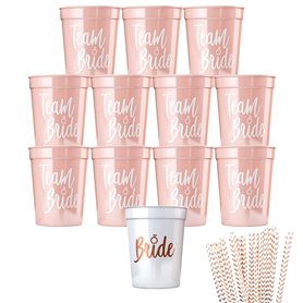 Lot de 12 gobelets Team Bride JGA réutilisables avec 6 modèles de pailles pour enterrement de vie de jeune fille