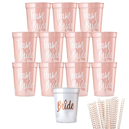 Lot de 12 gobelets Team Bride JGA réutilisables avec 6 modèles de pailles pour enterrement de vie de jeune fille