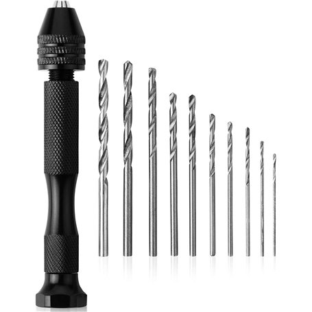 Petite Foreuse de Main en Aluminium avec Mandrin sans Clé + 10pcs Mèches de Forets Hélicoïdaux Outils Rotatifs