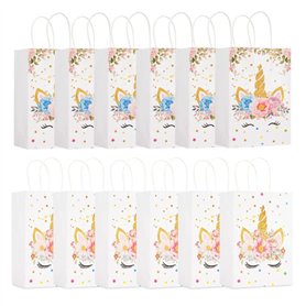 Sac Cadeau Licorne - 12 Pièces en Papier Kraft Réutilisable Avec Poignées pour Décorations de Fête D'anniversaire
