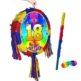 Piñata d'anniversaire 18 ans avec bâton et bandeau pour les yeux