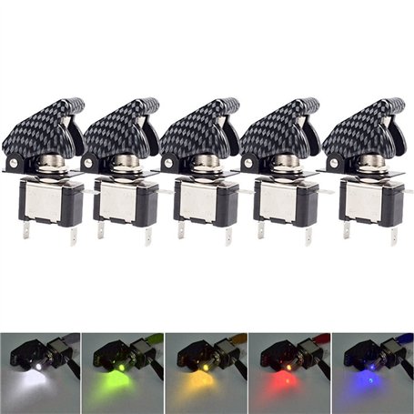 Mintice™ 5 X Interrupteur Commutateur à Bascule Levier SPST on/Off Couvercle Fibre Carbon Bleu/Rouge/Vert/Jaune/Blanc Lumière LE