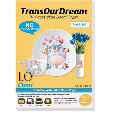 TransOurDream Tru-Water Tod-020-10 Lot de 10 feuilles de papier décalcomanies A4 transparent imprimable pour imprimante laser