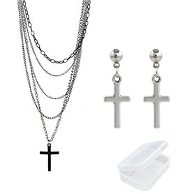 PPX Multicouche gothique rétro des années 80 noir longue chaîne mode croix collier et acier inoxydable balançant croix boucles d