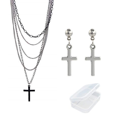 PPX Multicouche gothique rétro des années 80 noir longue chaîne mode croix collier et acier inoxydable balançant croix boucles d