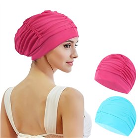 2 pcs Bonnet De Bain Femme Cheveux Long Adulte Bain Élastique Tissu Polyester Souple Bonnet de Natation (Rose lac Bleu)