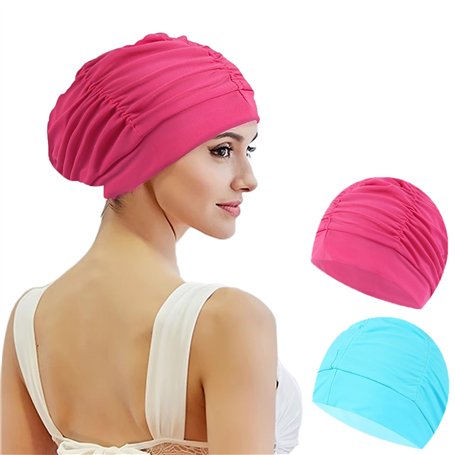 2 pcs Bonnet De Bain Femme Cheveux Long Adulte Bain Élastique Tissu Polyester Souple Bonnet de Natation (Rose lac Bleu)
