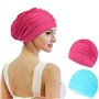 2 pcs Bonnet De Bain Femme Cheveux Long Adulte Bain Élastique Tissu Polyester Souple Bonnet de Natation (Rose lac Bleu)