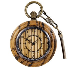 Montre de poche classique à quartz en bois avec cadran ouvert et pendentif steampunk pour cadeau d'anniversaire de Noël et boîte