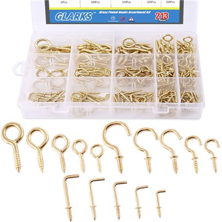 GLARKS Assortiment de 213 crochets à vis plaqués laiton et crochets carrés pour fixation au plafond