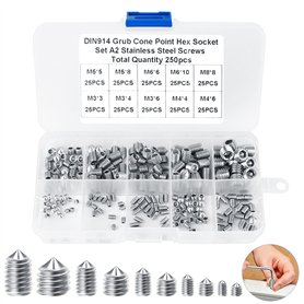 Vis Sans Tête Hexagonale Assortiment de Vis 250 Pcs Sans Tête M3 M4 M5 M6 M8 Douille Hexagonale Vis Pointeau Kit de Vis à Six Pa