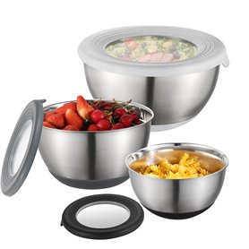 FAB4HOME Lot de 3 Bol Inox avec Couvercle Saladiers avec Couvercles Hermétiques et Fond Antidérapant en Silicone Bols à Mélanger