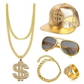 ZJRung Kit de Costume Hip Hop Lunettes de Soleil et Bagues de Rappeur Chapeau Collier Dollar Bracelet Chaîne d'or 80s 90s Access