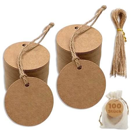 Lot de 100 étiquettes rondes en papier kraft marron avec 100 étiquettes cadeaux avec ficelle de jute de 5 cm - Étiquettes en pap