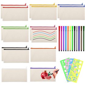 DRADERCH 15 Pièces DIY Sac Zippé en Toile Trousses à Crayons Vierge Trousse de Maquillage avec Pinceaux Aquarelle et Règles de P