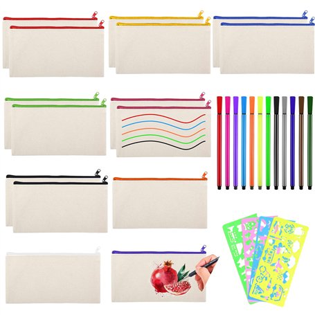 DRADERCH 15 Pièces DIY Sac Zippé en Toile Trousses à Crayons Vierge Trousse de Maquillage avec Pinceaux Aquarelle et Règles de P