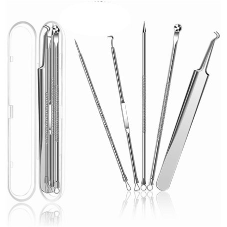 ElloLife Lot de 5 extracteurs de comédons avec boîte en acier inoxydable pour enlever les points noirs et l'acné - Pour tous les