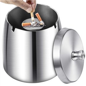 Cendrier d'extérieur avec couvercle à cigarettes - Grand cendrier coupe-vent - 10 × 9 × 10 - En acier inoxydable - Cendrier temp
