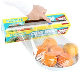ECOOPTS Film étirable avec distributeur et cutter - Passe au micro-ondes et au congélateur - 30 cm x 300 m - Le coupe-glissière