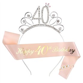 KroY PecoeD Décoration Anniversaire 40 Ans Femme Strass Couronne Echarpe Happy 40th Birthday Diadème Kit Anniversaire Costume Ac