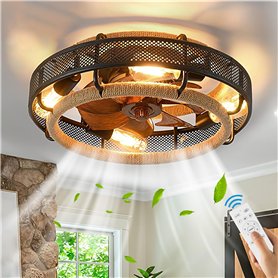 KZT Ventilateurs de Plafond avec Lumière et Télécommande Lampe de Ventilateur E27 Vintage Fan Plafonnier Métal Cage Lustre de Ve