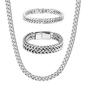 2 Pièces Bracelets Cubains en Acier Inoxydable pour Homme 19/21cm et 1 Chaîne Cubaine Collier Homme 50 cm Kit