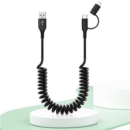 Câble iPhone Voiture Carplay et Android Auto Spiralé [certifié Mfi & Charge Rapide 3A & transmission de données]Câble USB vers L