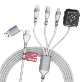 Câble Multi Chargeur de 10FT 100W pour Apple Watch - Câble de Chargeur Universel 4 en 1 avec Chargeur Apple Watch