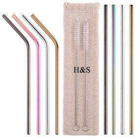 H&S Paille en Métal Réutilisable pour Boissons - 8pcs - Set de Pailles Réutilisables Multicolores en Inox - 2 Brosses & 1 Sachet