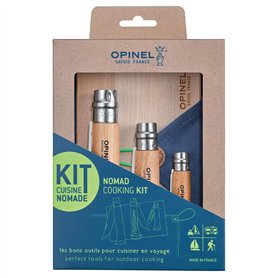 OPINEL - Kit Cuisine Nomade - Couteau Cranté + Tire-Bouchon Décapsuleur + Éplucheur + Planche à Découper + Serviette - Lame Acie