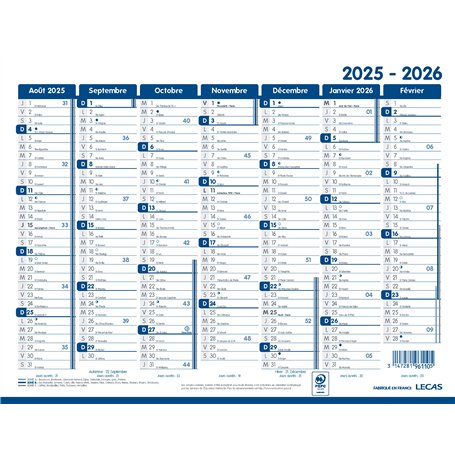 LECAS - 1 Calendrier Mural Scolaire Classique - Format 27 x 21 cm - Août 2025 à Septembre 2026