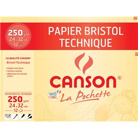 CANSON - Pochette 12 feuilles de papier bristol à dessin 24x32cm - 250g/m²