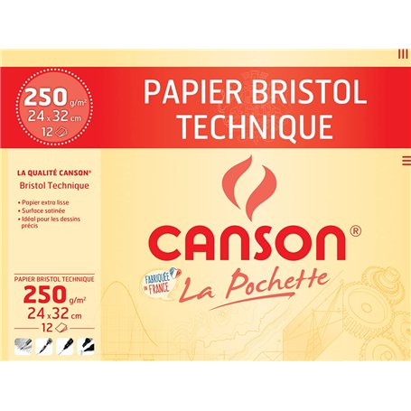 CANSON - Pochette 12 feuilles de papier bristol à dessin 24x32cm - 250g/m²