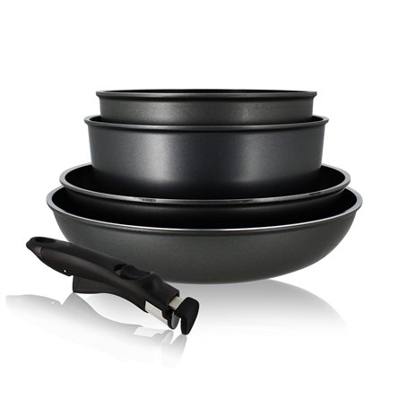 MENASTYL - Batterie de cuisine 5 pièces tous feux dont induction fabriquée en France - 2 poêles + 2 casseroles + 1 poignée amovi