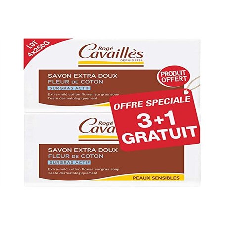 Rogé Cavaillès Savon Extra Doux Fleur de Coton Lot de 3 x 250 g + 1 Gratuit