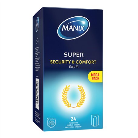 Manix Super : Boite de 24 Préservatifs Classiques en latex / Préservatifs pour Homme Lubrifiés et Fins de Taille Standard / Diam