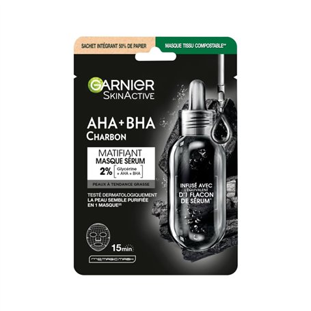 GARNIER Skin Active - Masque Visage Tissu Charbon Végétal - Réducteur De Pores & Hydratant - Charbon Pur