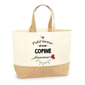 Sac Copine d'Amour | Cabas de Plage Courses Coton et Toile de Jute Idée Cadeau Femme