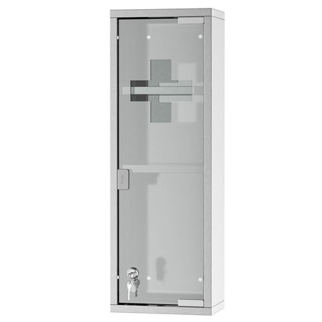 kleankin Armoire à Pharmacie 2 étagères 3 Niveaux 20L x 12l x 58H cm Porte Verre trempé Symbole Croix Acier INOX.