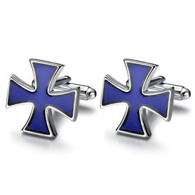 BOBIJOO JEWELRY - Boutons de Manchette Croix pattée des templiers Métal argenté et émail bleu