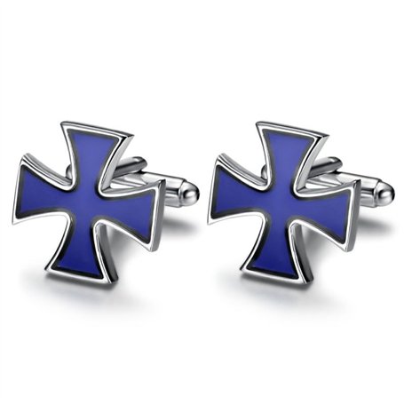 BOBIJOO JEWELRY - Boutons de Manchette Croix pattée des templiers Métal argenté et émail bleu