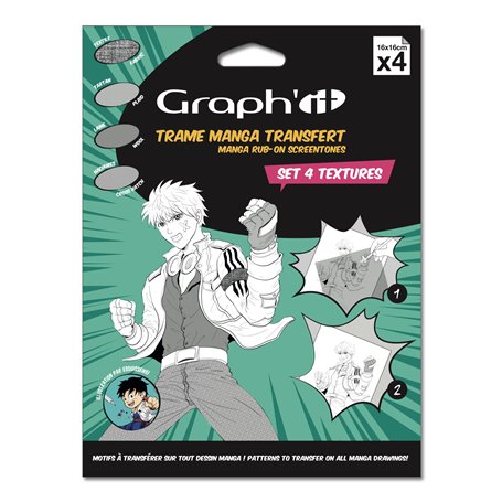 GRAPH’IT - Set de 4 Trames à transférer pour le dessin et illustration Manga - décalcomanie par transfert à sec - format 16x16cm