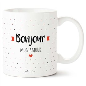 Manahia Mug Amour - Bonjour Mon Amour - Avec Boite Kraft - 330 mL Céramique - Imprimé en France - Saint Valentin - Cadeau Couple